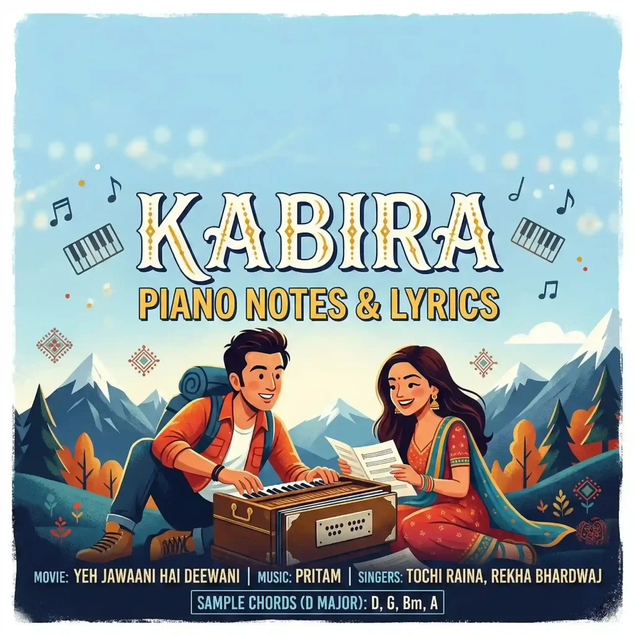 Illustrated album poster for the song Kabira from Yeh Jawaani Hai Deewani featuring characters playing a harmonium in the mountains, with text reading Kabira Piano Notes & Lyrics.