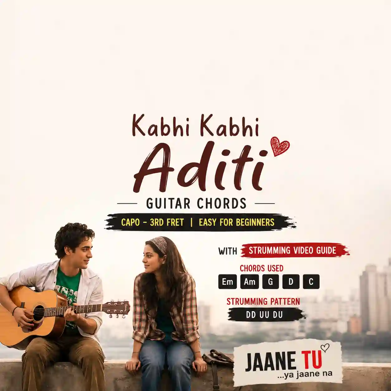 Kabhi Kabhi Aditi guitar chords with strumming video guide, capo 3, easy beginner Bollywood guitar lesson from Jaane Tu Ya Jaane Na.