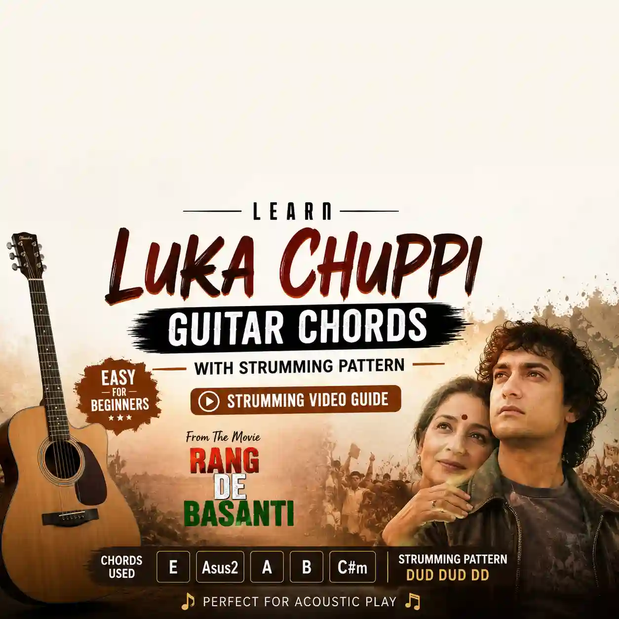 Luka Chuppi Guitar Chords with Strumming Pattern from Rang De Basanti featuring acoustic guitar tutorial